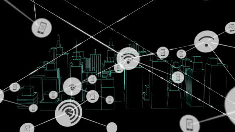 network connectivity and smart city technology animation over cityscape