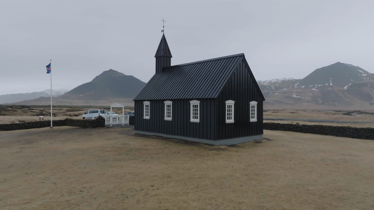 Drone Shot of Black Church in B&uacute;&eth;ir, Landmark in Landscape of Iceland