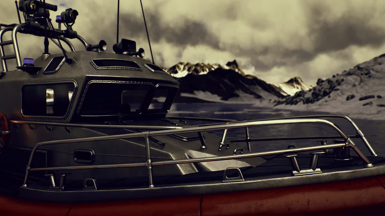 Rescue boat anchored near rocky coast under cloudy sky at sunset