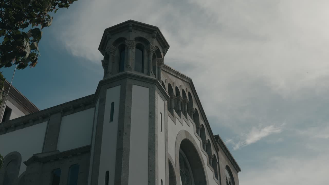 Low angle view of the facade and tower of Santuário de Nossa Senhora da Assunção, Paços de Ferreira, Portugal