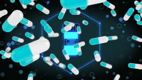 animación de pastillas que caen y caja de pastillas sobre fondo negro