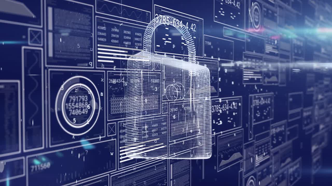 Animation of interfaces with data processing over security padlock icon against blue background