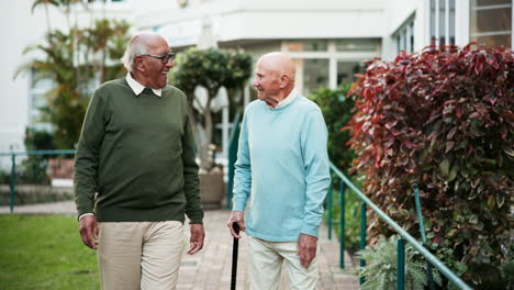two elderly men enjoying a walk in the garden