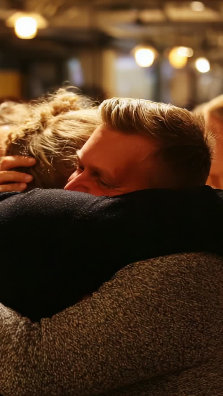 Abbraccio emozionale: due amici si scambiano un abbraccio sentito, catturando l'essenza della connessione, del conforto e della gioia in un ambiente caldo e accogliente
