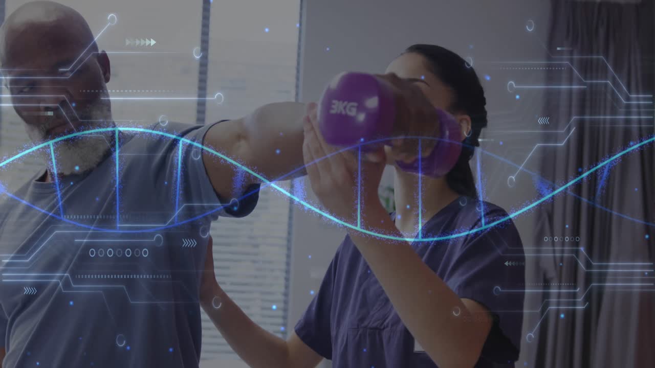Animation af DNA-streng og data over en kvindelig fysioterapeut, der arbejder med en mandlig patient.