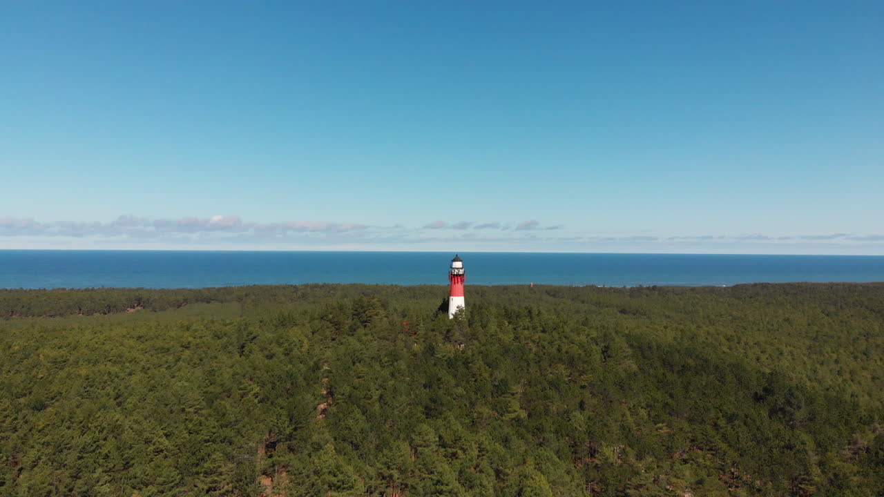 Red and white lighthouse in the forest
