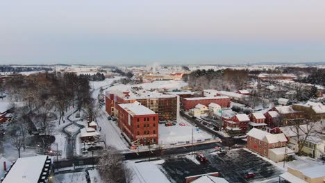 Flying-over-downtown-Lititz,-PA