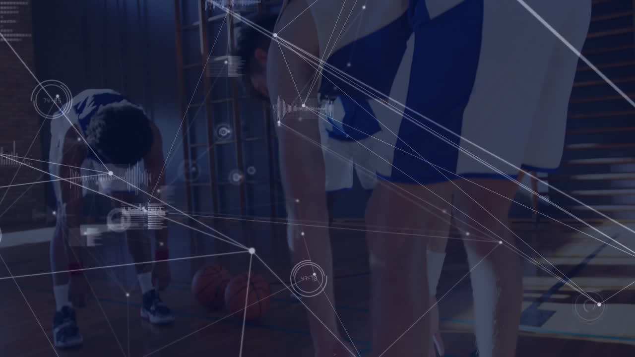 Basketball players performing warm-up on court for sports tech with animated data lines and charts