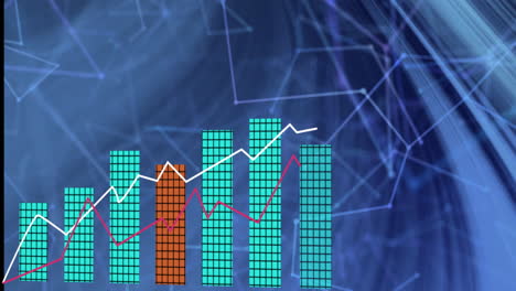 Animation-of-statistical-data-processing-and-network-of-connections-against-blue-background