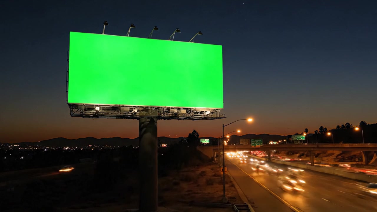 En to-billeders sammenligning af et grønt reklameskilt ved solnedgang og om natten, der viser den ubrugte reklameplads mod en travl motorvej.