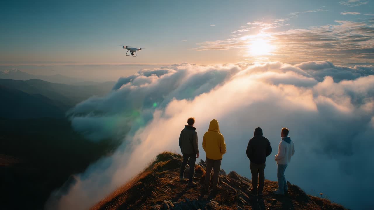 Group of People Watching a Drone Over a Mountain at Sunrise