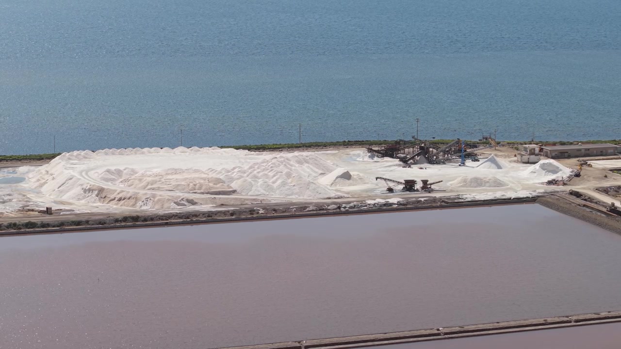 Saltpande fra Sant Antioco saltværket på Sardinien, Italien - droneoptagelse.