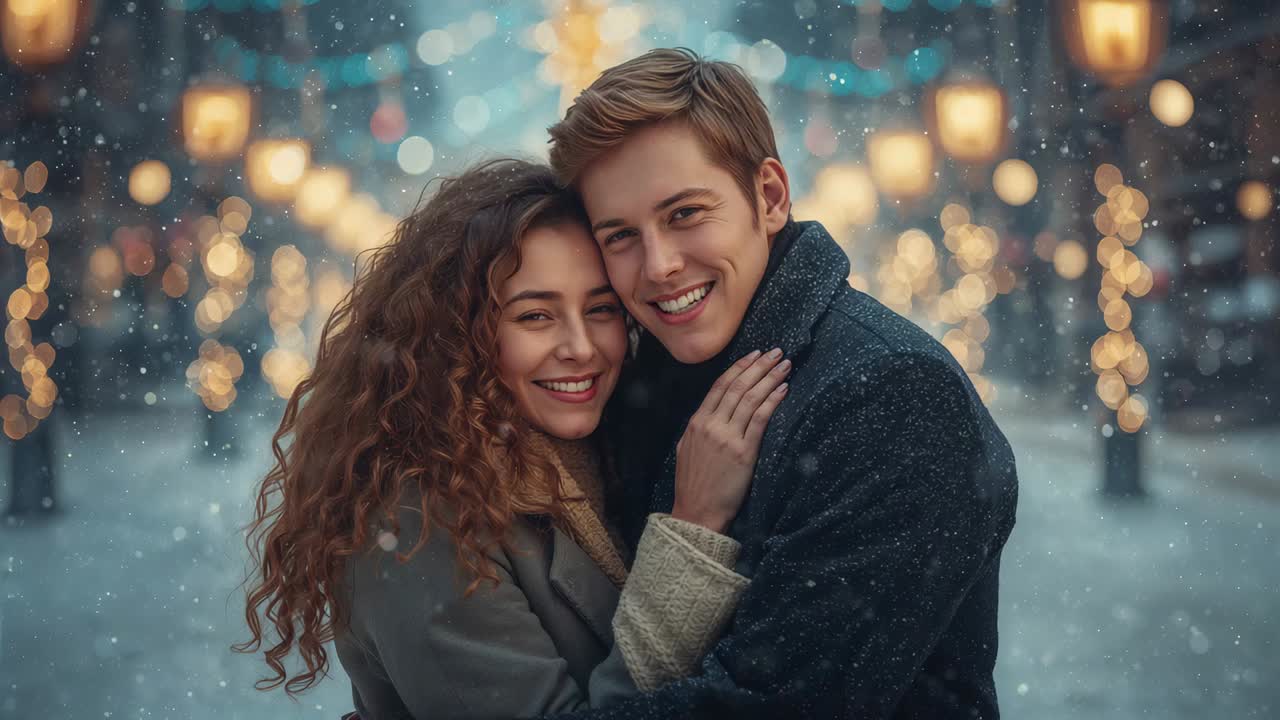 Embracing couple leaning closer on promenade amid snowflakes drifting around with vintage lampposts