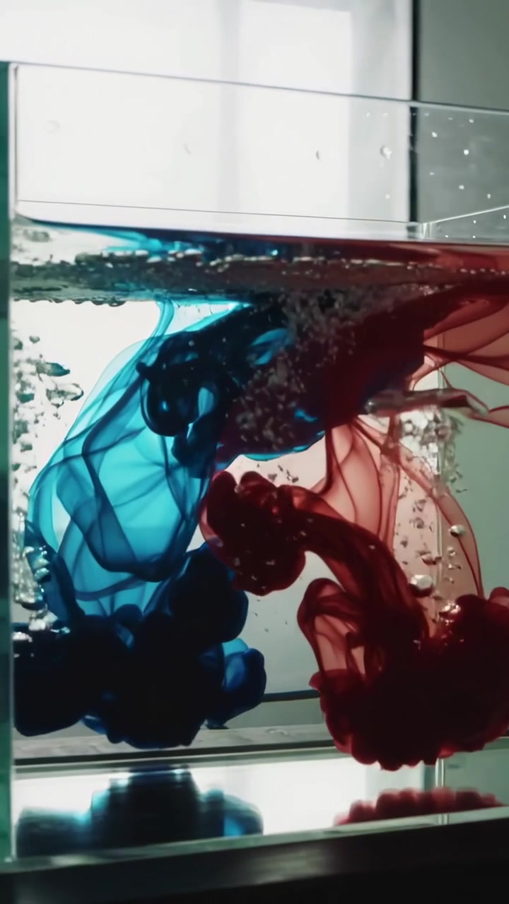 Video vertikal: Tetesan pewarna biru dan merah masuk membentuk gumpalan di tangki kaca, bercampur menciptakan nuansa yang lebih gelap