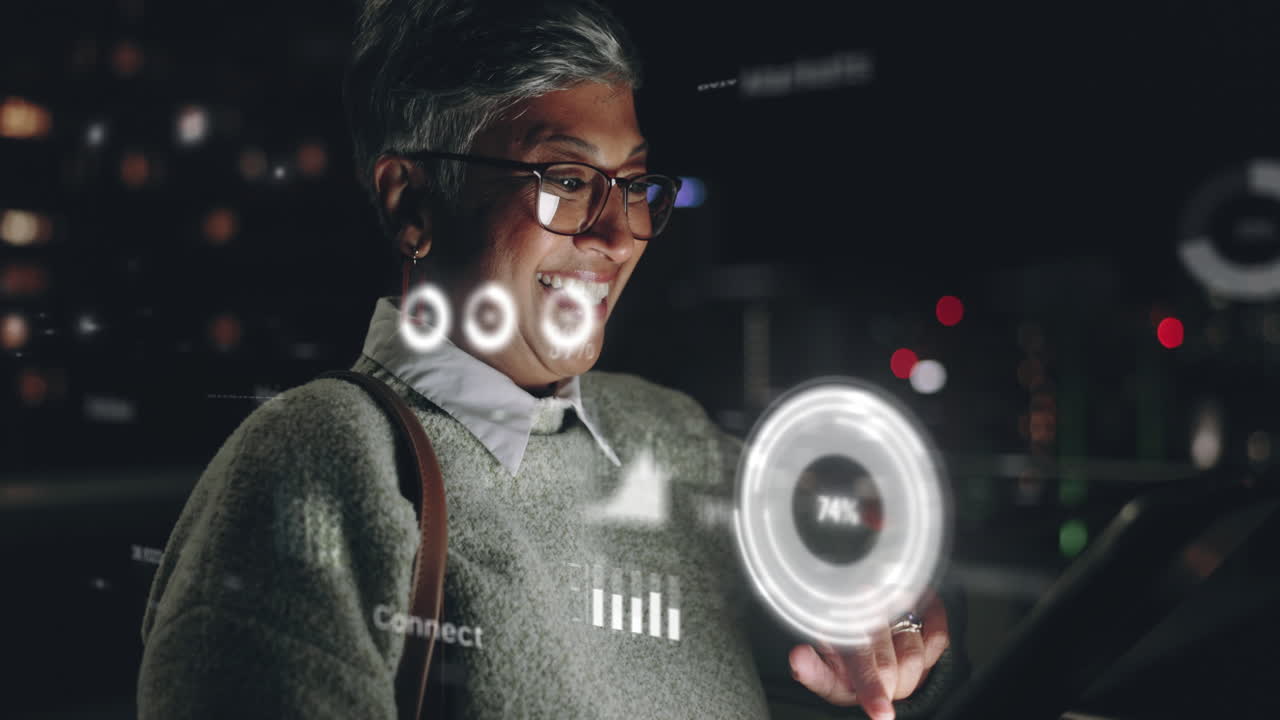 Woman interacting with data on a digital screen