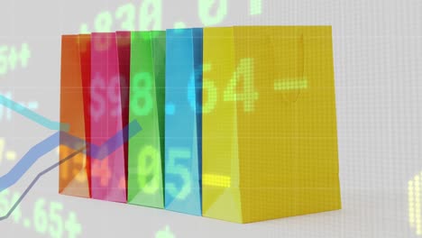 animation of numbers changing, blue line and financial data processing over row of colourful shoppin