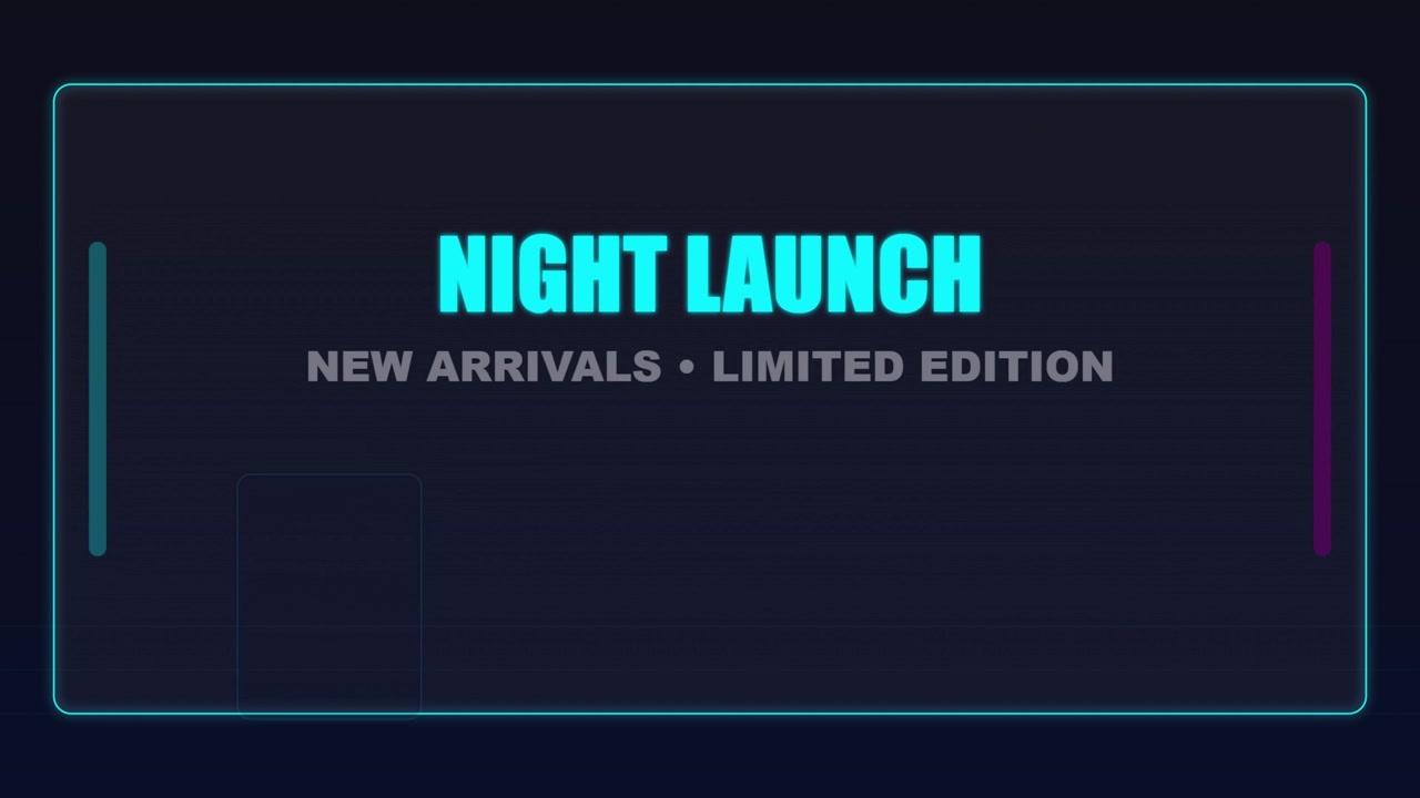 Night launch product showcase animation featuring new arrivals and limited edition promotion with product display panels on dark background creating retail marketing visuals