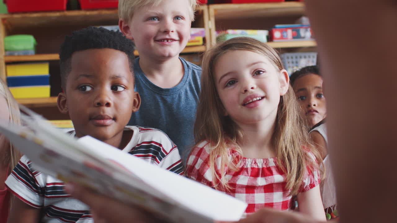 Close Up Of Female Teacher Reading Story To Group Of Elementary Pupils In School Classroom