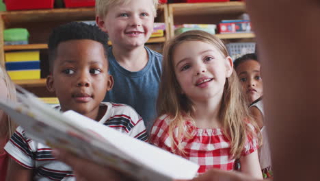 close up of female teacher reading story to group of elementary pupils in school classroom