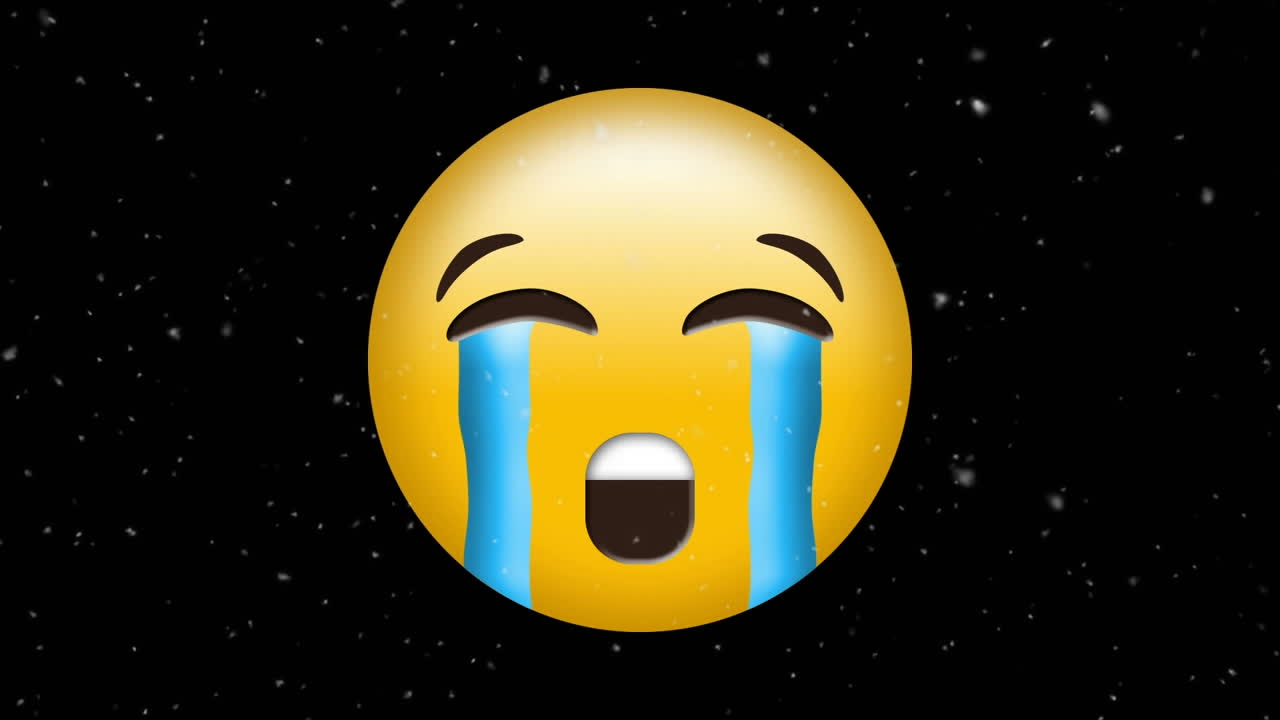 animación digital de partículas blancas que caen sobre un emoji de cara llorosa contra un fondo negro