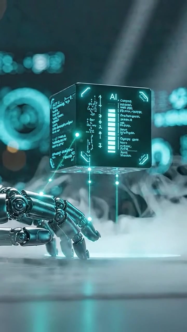 A Futuristic Robotic Hand Interacting with a Transparent Cube Displaying Advanced Data and Artificial Intelligence Concepts in a High-Tech Environment