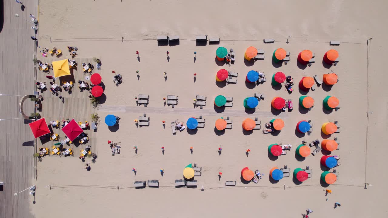 la gente disfruta de un día soleado en la playa de arena bajo sombrillas, vista aérea de arriba hacia abajo