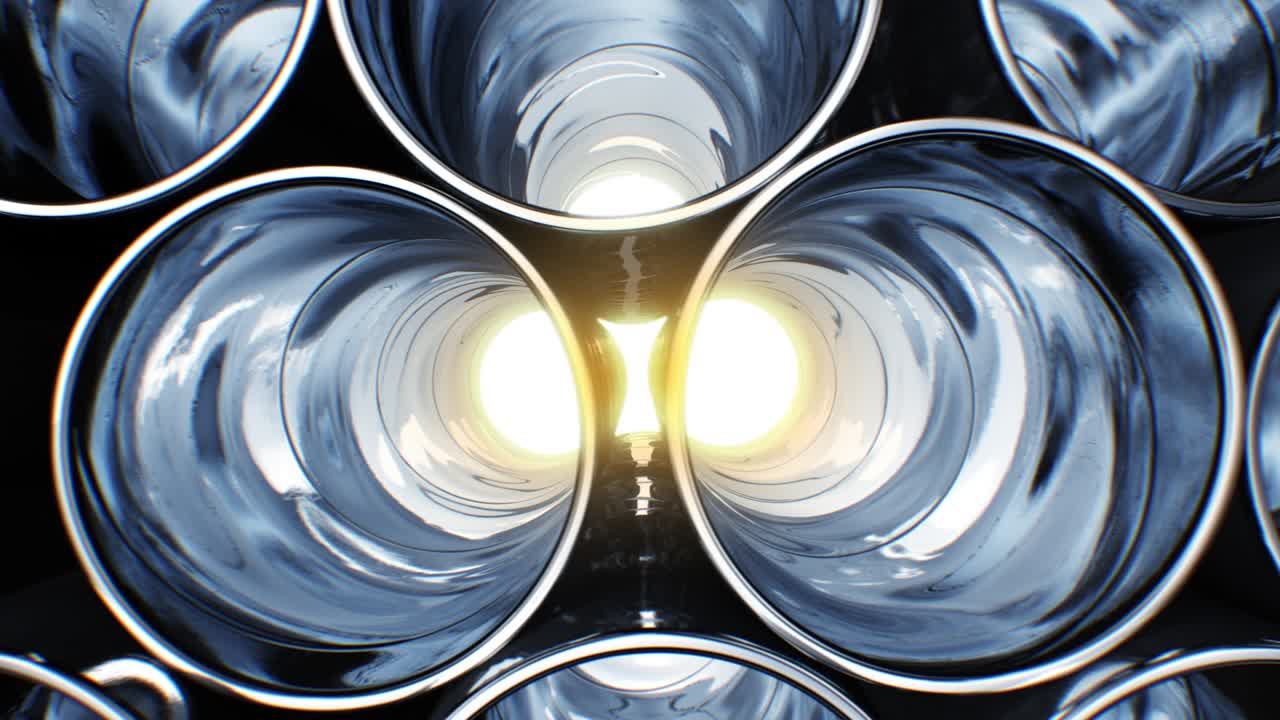 hermosas tuberías metálicas en filas con reflejos y llamaradas solares en el interior sin costuras. tubos de acero reflectantes almacén en bucle animación 3d. tuberías en fábrica de metales. pantalla verde alfa.
