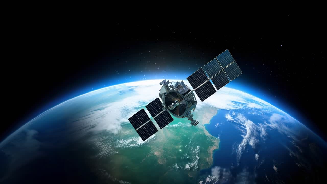 A satellite orbits Earth in a space-themed video