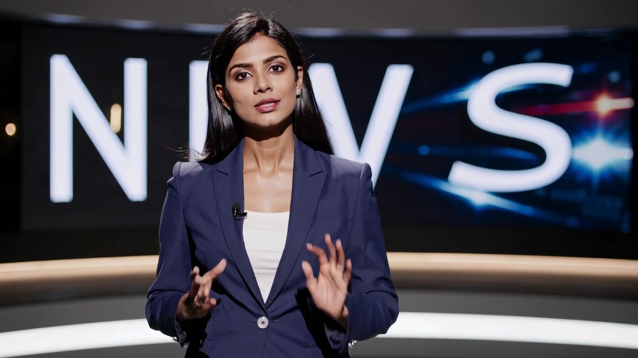 Female News Presenter Delivering Broadcast in Television Studio