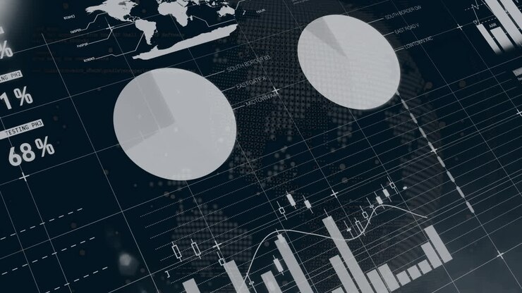 Financial data charts and world map animation over global business statistics