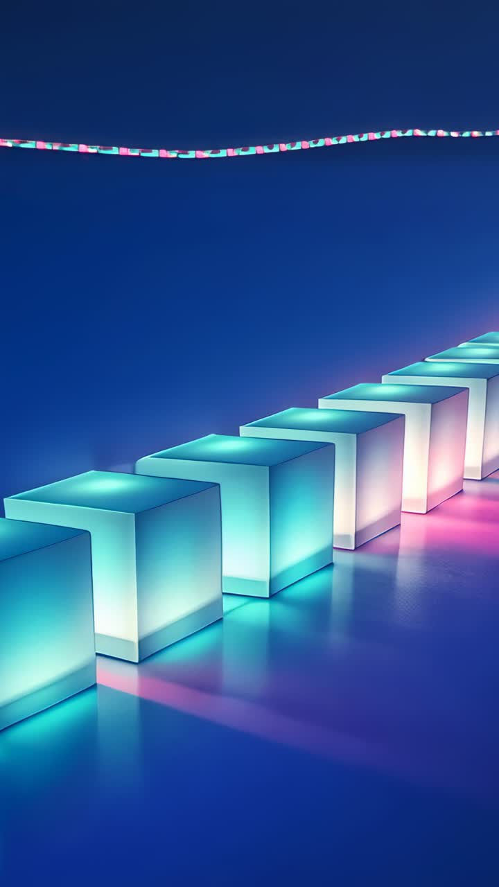 Vertical video: Pulsing glowing cubes shifting cyan to pink in dark hall, LED strip lighting floor