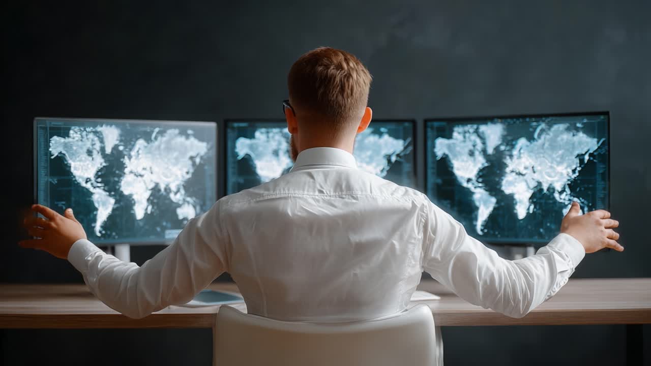 A Focused Professional Analyzing Data on Multiple Screens, Displaying Global Maps and Interconnected Information for Enhanced Decision Making