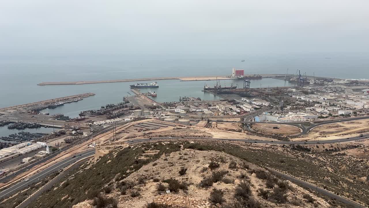 Aerial view of a port city