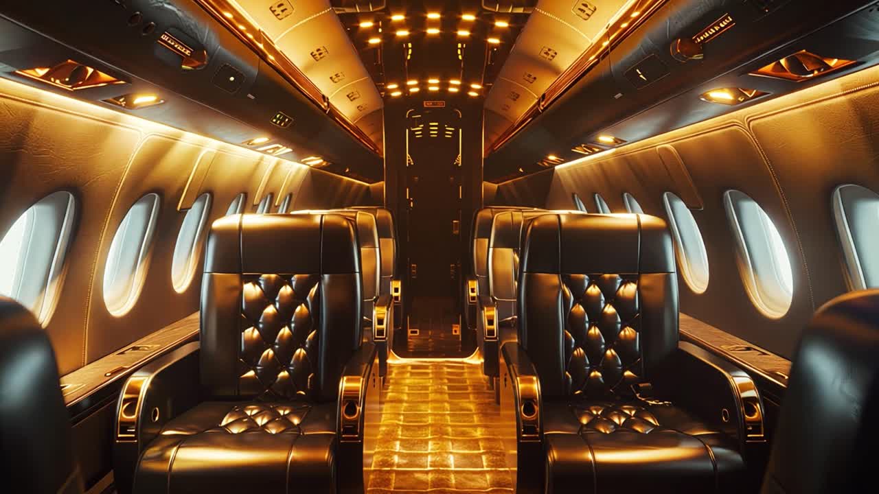 Luxury Airplane Interior with Leather Seats and Gold Accents