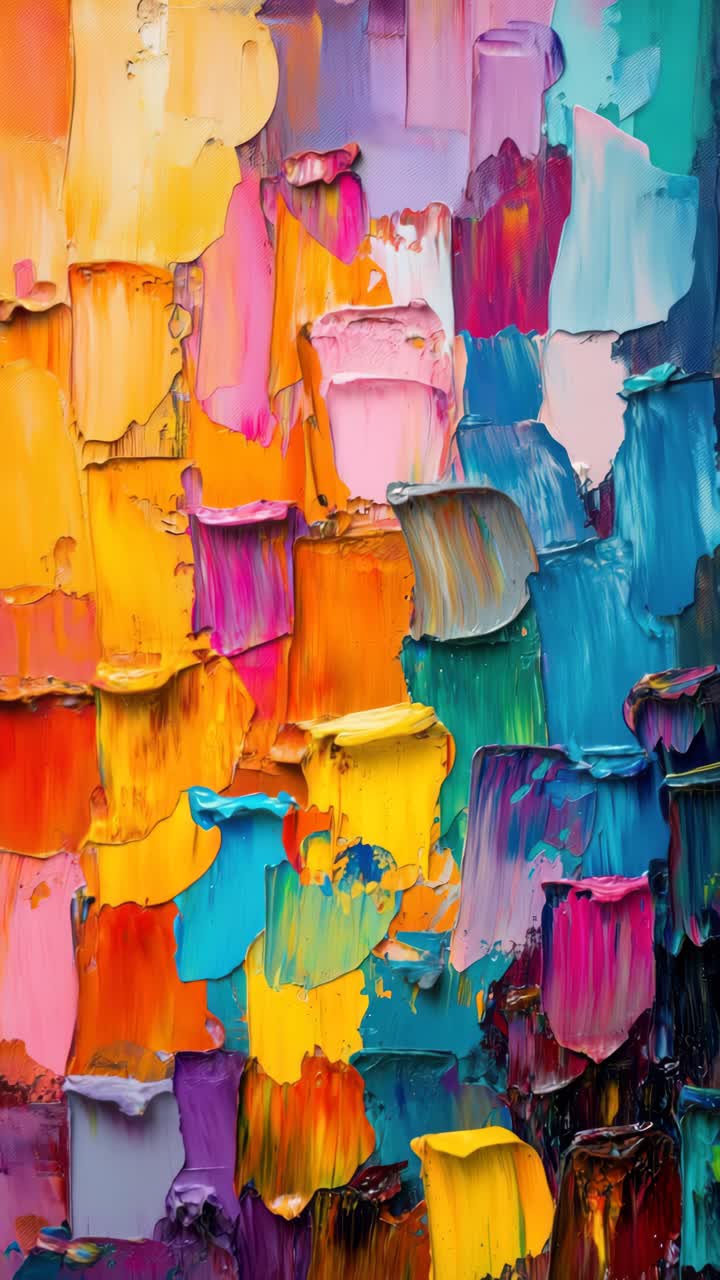 Vibrant close-up of colorful oil paint strokes on canvas, showcasing a textured abstract art style