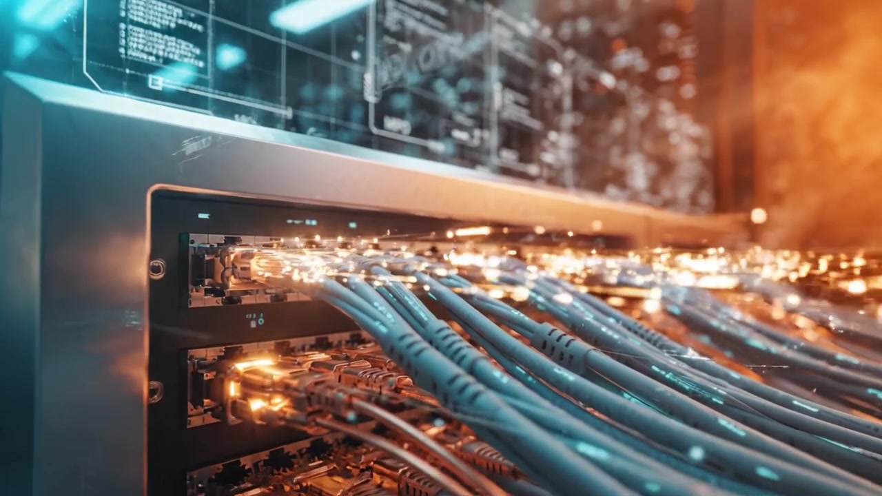 Intricate Networking Infrastructure Showcasing Data Cables and Connections in a Modern Server Room with Advanced Technology Lighting Effects