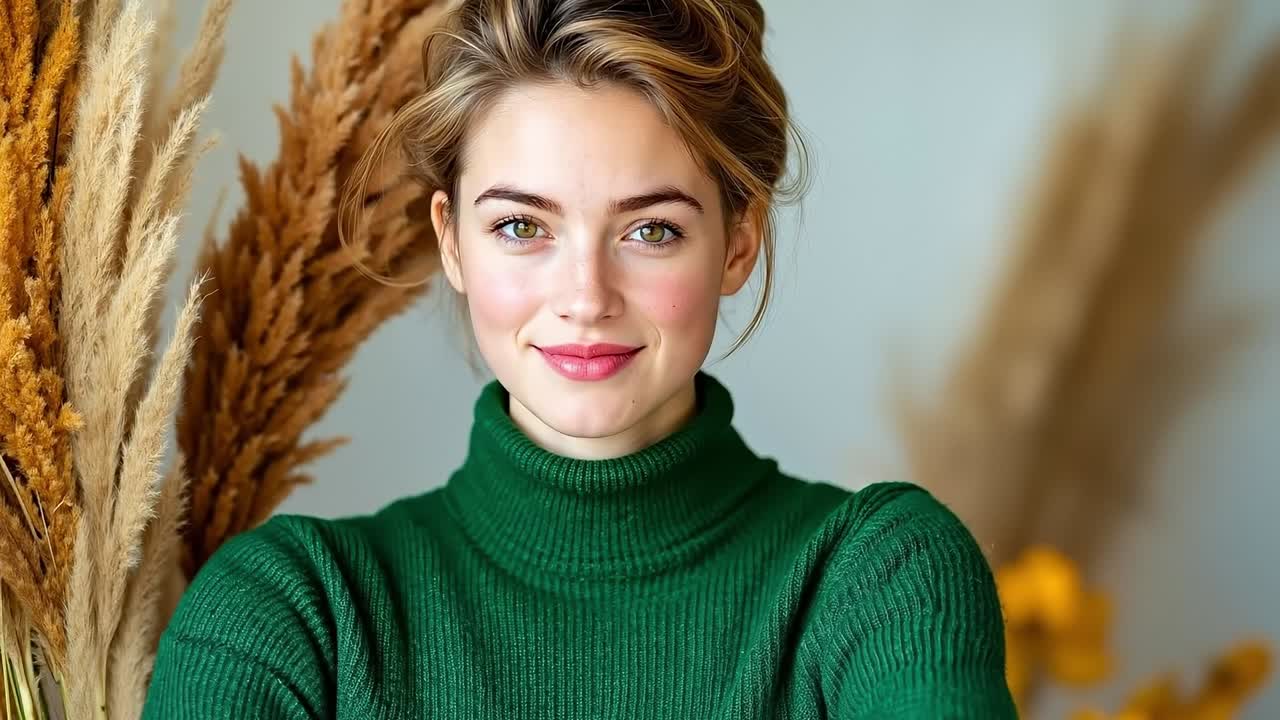 A woman in a green turtle neck sweater smiles at the camera