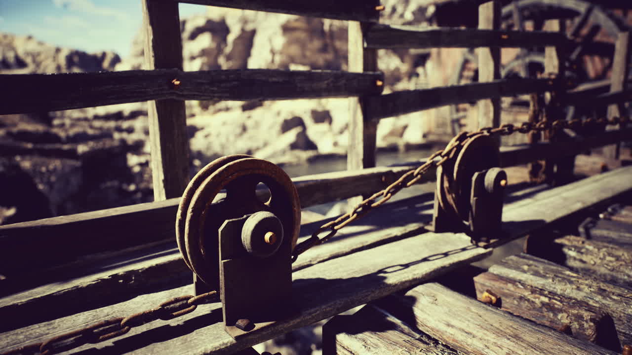 Rustic wooden bridge structure with pulleys and chains in a rugged landscape