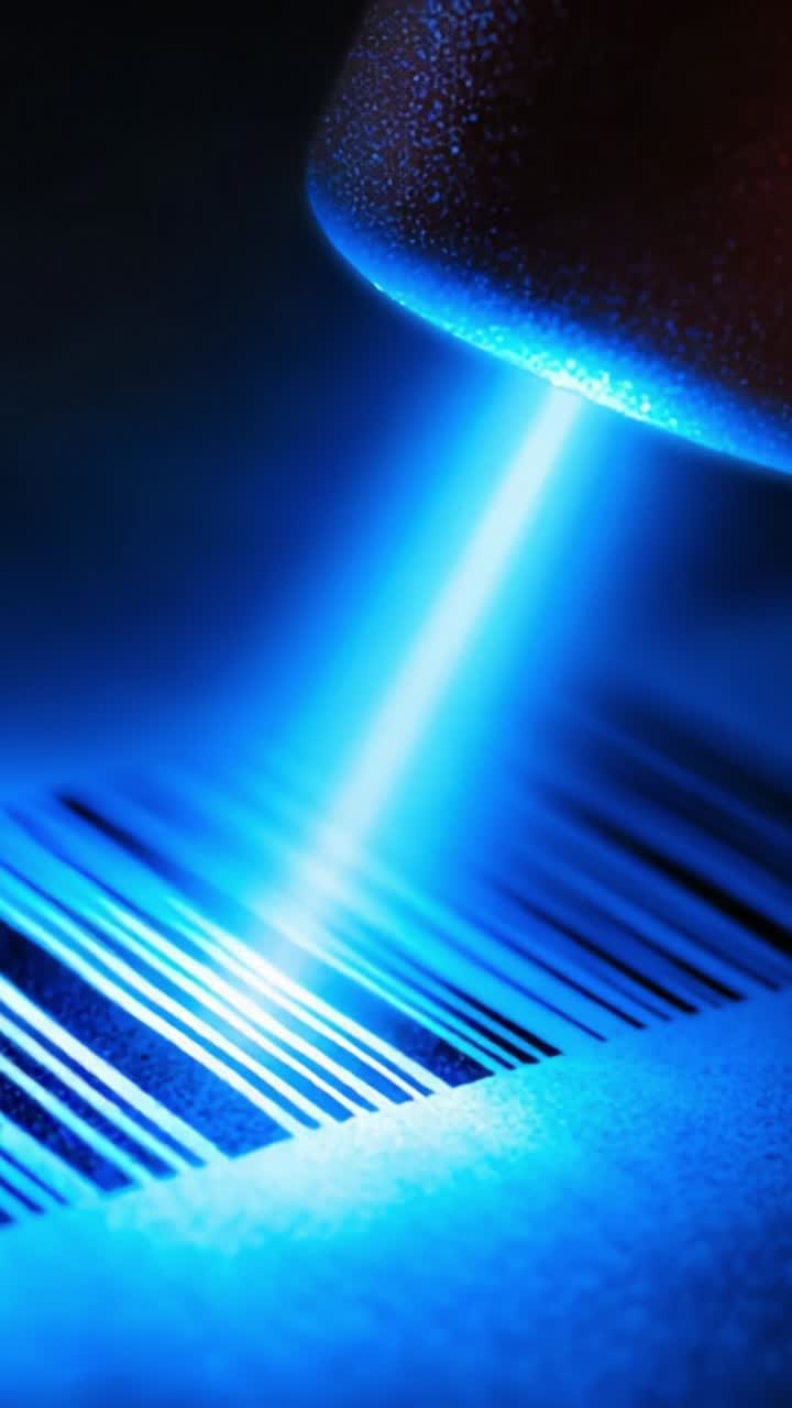 Illuminating the Barcode: A Close-Up View of a Laser Scanner Capturing Data from a Barcode with Intense Blue Light in a Dark Environment
