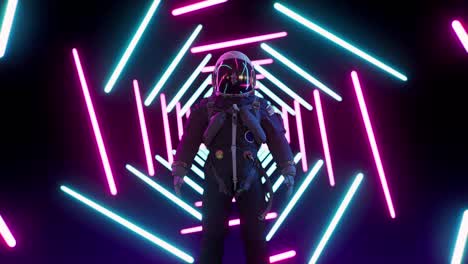 astronaut in infinite neon tunnel corridor. neon laser lights. retrowave loop