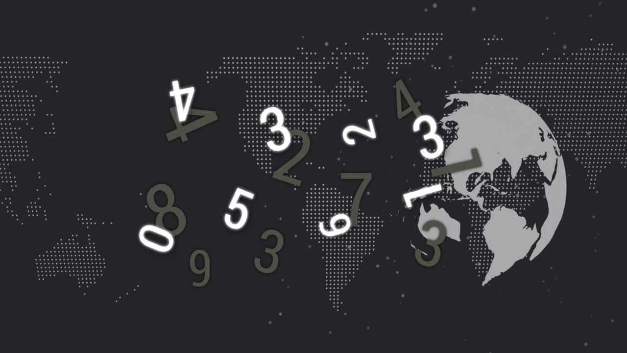 Animation of numbers floating over world map with digital dot pattern background
