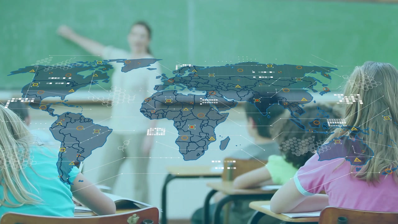 Teacher gesturing and activating world map overlay with pulsing data markers for geography lesson