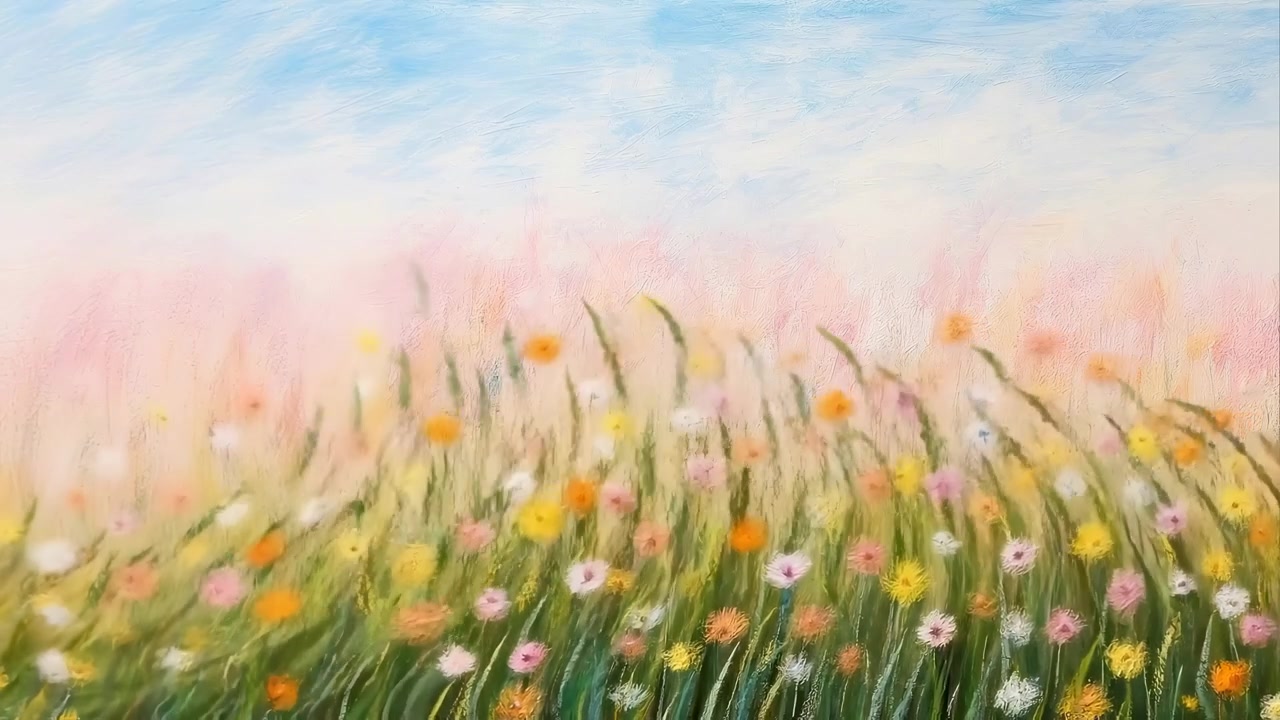 Animated Oil Painting of a Colorful Flower Field Swaying