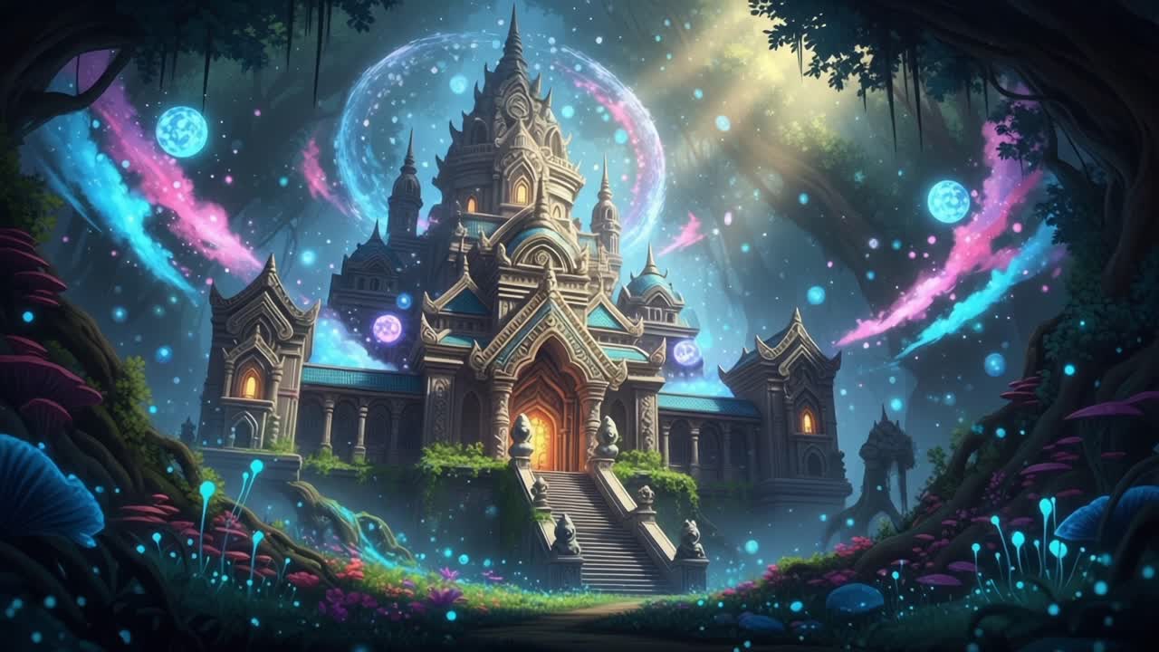 Majestic Enchanted Castle Amidst a Dreamlike Forest, Surrounded by Mystical Orbs and Luminous Flora, bathed in Ethereal Light and Cosmic Energy, Captivating Imagery of Fantasy