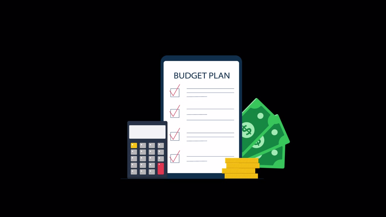 Checklist animata per la pianificazione del budget con calcolatrice e denaro