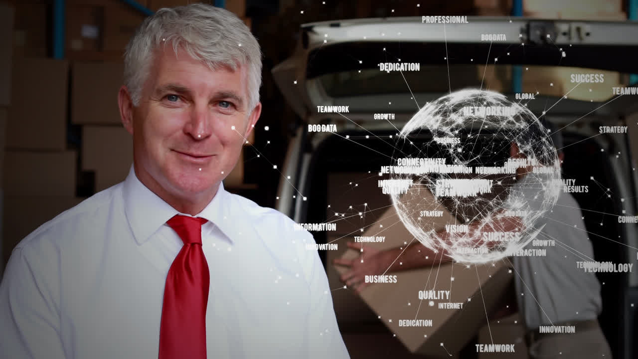 배달 운전자 가 밴 을 상자 들 로 로드 하고 있다