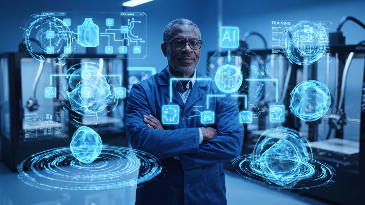 An innovative engineer stands confidently in a futuristic lab, surrounded by 3D printers and digital interfaces showcasing advanced technology and artificial intelligence.