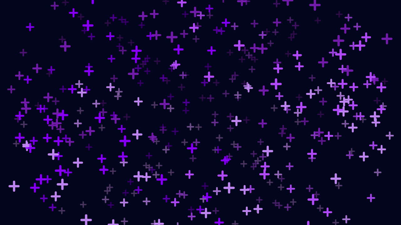Abstract footage of purple and violet glowing plus symbols drifting across a dark background, creating a modern digital particle field for tech, science, and UI visuals