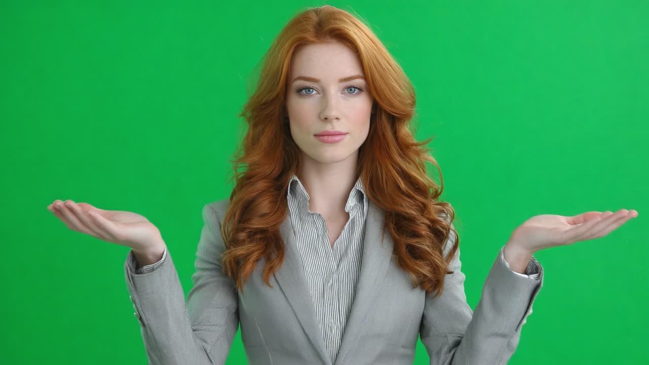 Professional Female Model Posing with Outstretched Arms Against a Green Screen Background, Showcasing Versatile Expressions for Creative Projects