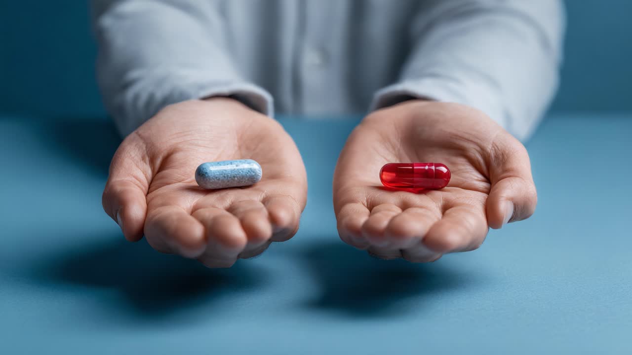 A Thoughtful Choice: Hands Holding Blue and Red Pills Symbolizing Decision-Making and Consequences in a Vibrant Presentational Setup